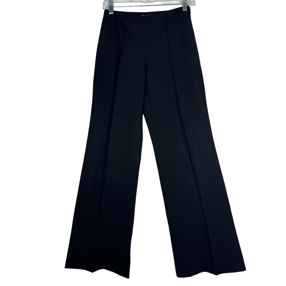 Theory Lightweight Wool Blend Trousers Black 0 Wide Leg Minimalist Quiet Luxury - Picture 2 of 11